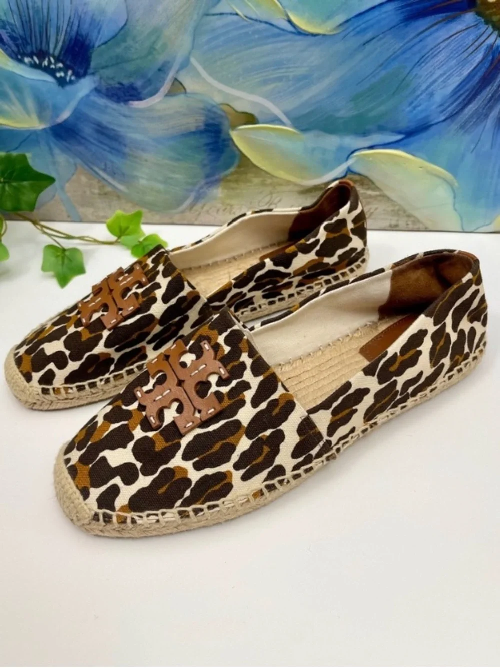 New Tory Burch Ines Leopard Print Canvas Espadrille Flats Brown Tan Women 9.5
